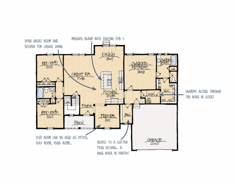 A blueprint of an open floor plan.