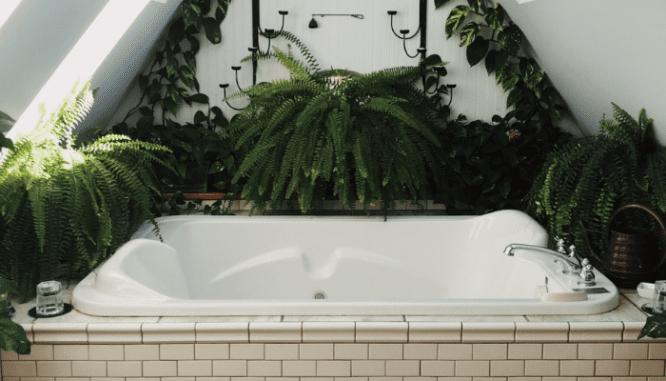 A bathtub in a bathroom that is not trendy.