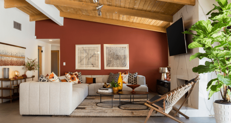 A living room decorated in a desert modern style.