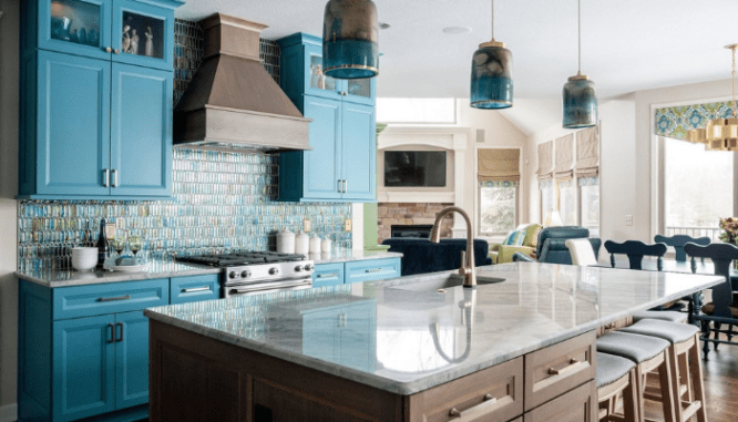 A kitchen in an open concept home.