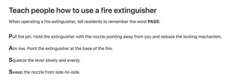 An infographic to depict proper usage of a fire extinguisher to prevent house fires.