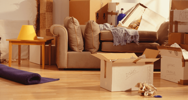 Boxes on the living room floor used for moving.