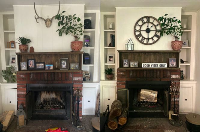 A fireplace before and after an update.