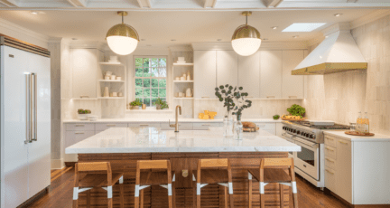A kitchen with white cabinets that are on trend.