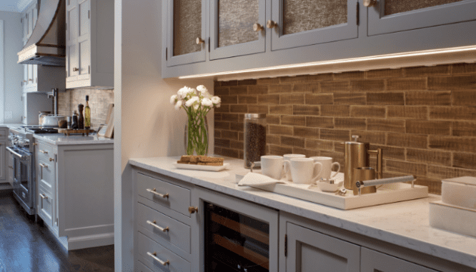 A kitchen with led lights that are on trend.