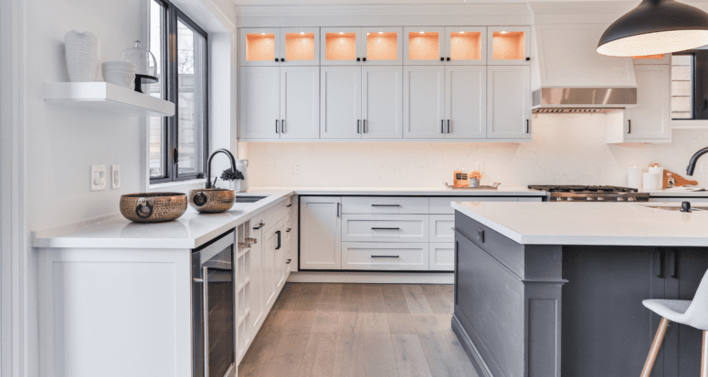 An image of a kitchen used to demonstrate a list of household items needed for a new home.