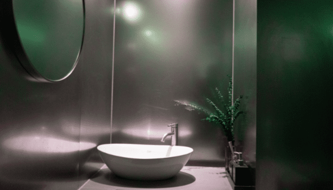 A smart bathroom that uses LED lighting.