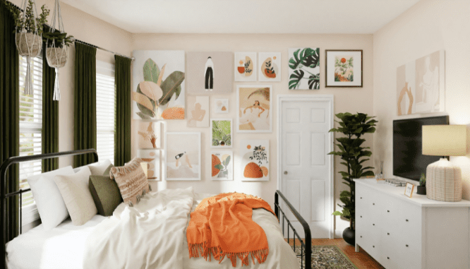 A bed with a metal frame, where a bedskirt might not be too out of style.