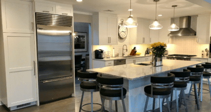 A kitchen with modern interior accents.