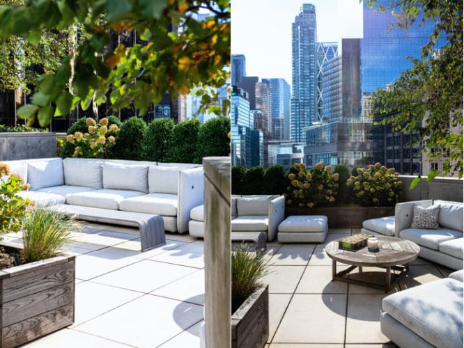 An outdoor room on a rooftop in Manhattan.