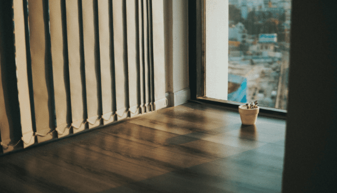 Vertical blinds in a house, which may or may not be out of style.