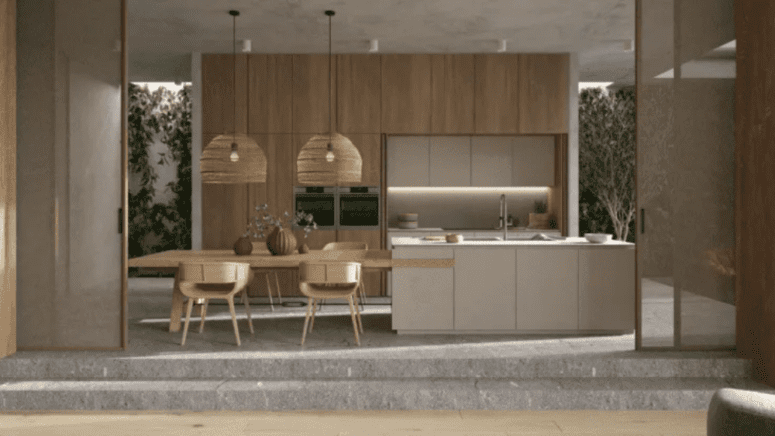 A kitchen island with built in seating.