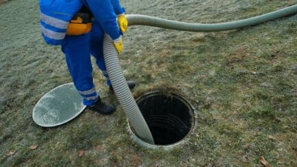 A person using a host to inspect a septic system.