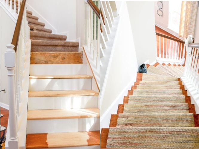 A set of stairs that has been remodeled from carpet to wood.