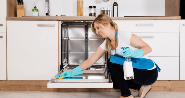 A woman using solution to deep clean a dishwasher.