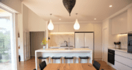 A kitchen where the lights might be considered a fixture.