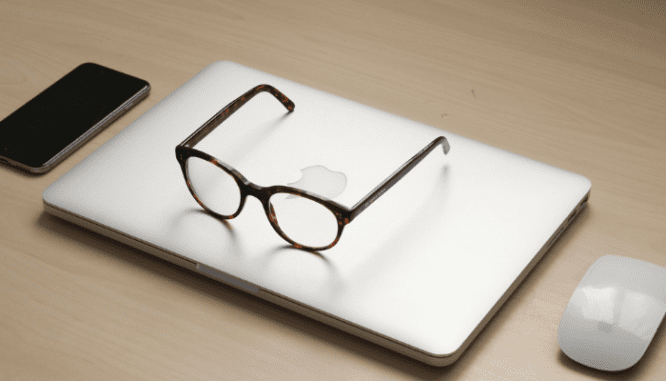 Glasses and a laptop used to review legal documents for buying a house.