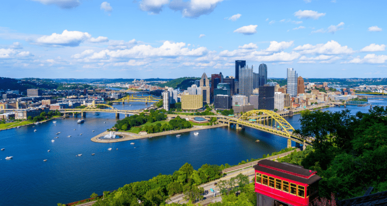 An aerial view of Pittsburgh, PA where houses sell fast.