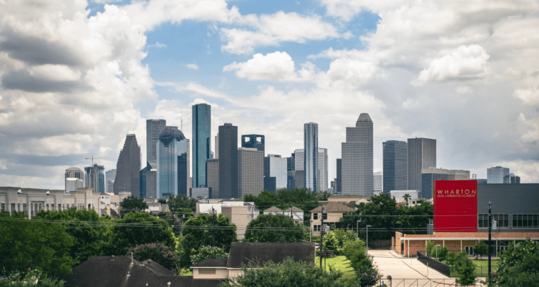 The skyline in Houston near the best neighborhood.