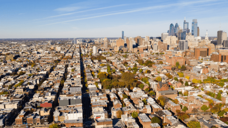 An aerial view of a city in Pennsylvania where houses are selling as is.