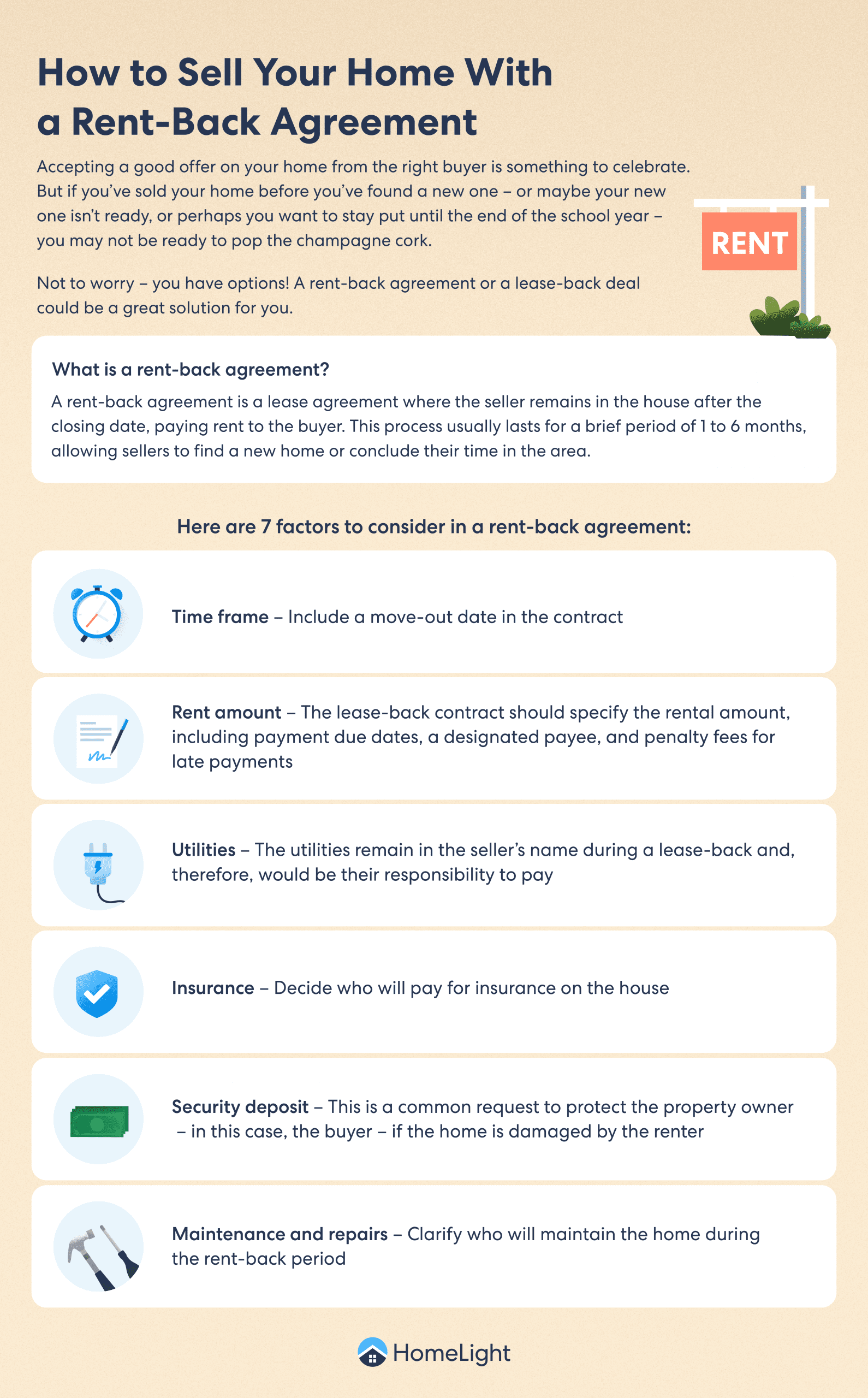 A HomeLight infographic about selling your home with a rent back agreement