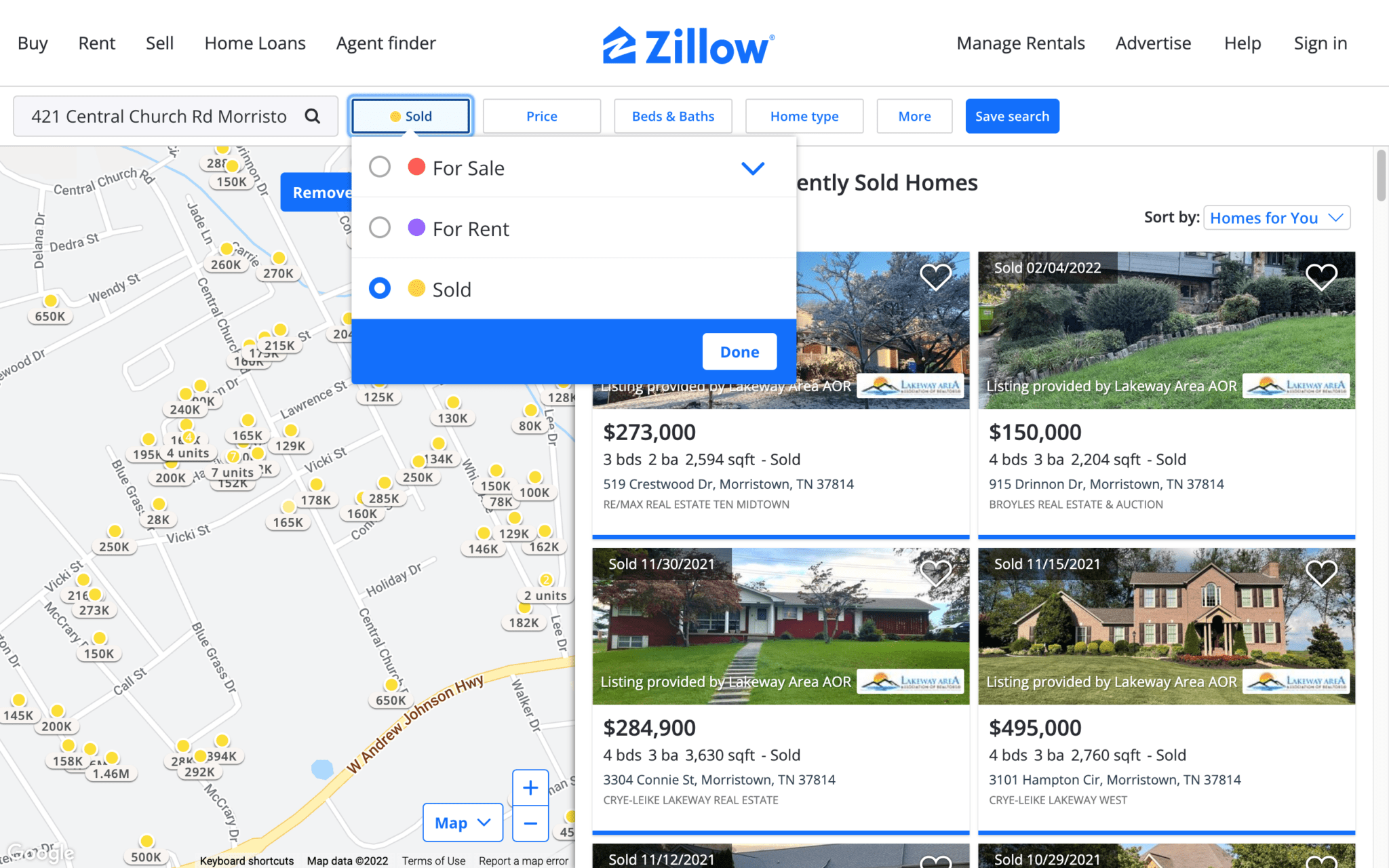 A screenshot of Zillow's website, showing how to use the filters options.