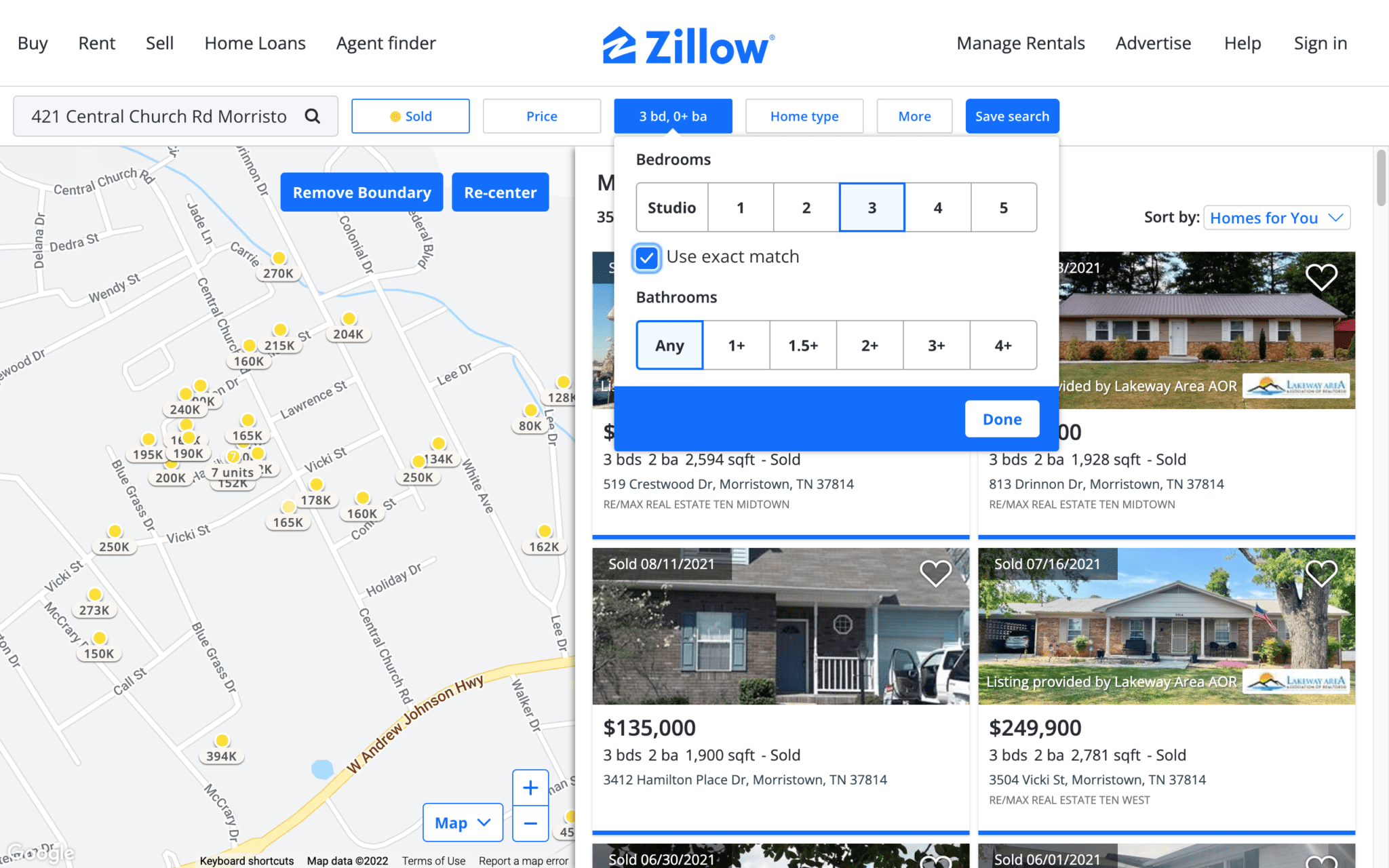 A screenshot from Zillow's website, showing how to filter by bedrooms and bathrooms.