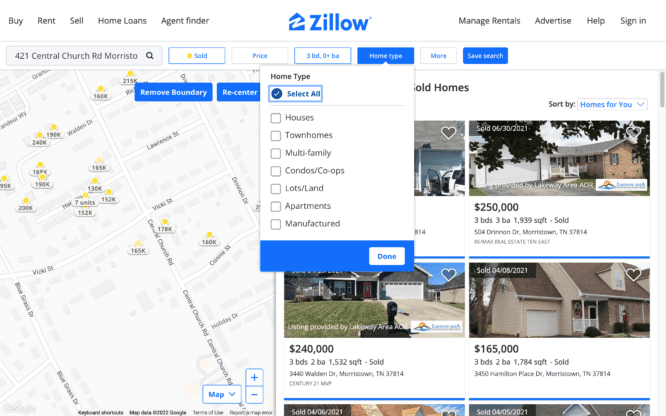 A screenshot from Zillow's website, showing how to filter by home type.