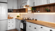 Kitchen trends, such as natural woods and professional appliances.