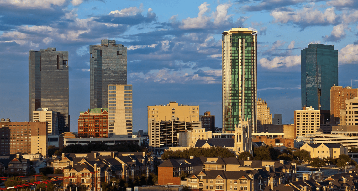 Fort Worth, TX cityscape, where "We Buy Houses" companies buy homes for cash.