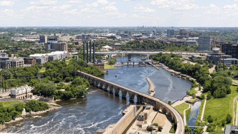 An aerial view of Minneapolis, where houses are sold to We Buy Houses for Cash companies.