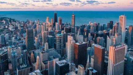 An aerial view of Chicago where houses are sold to We Buy Houses companies.