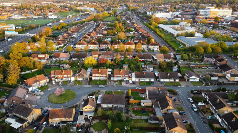 Aerial view of houses, some of which have USDA loans.