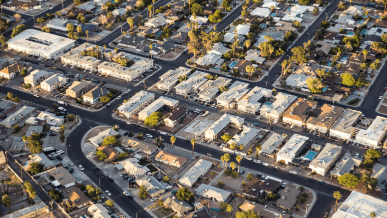 Aerial view of a neighborhood in Nevada where home owners may be interested in the services of a we buy houses company