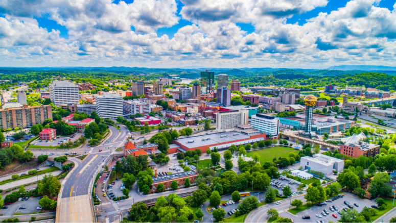 Aerial view of Knoxville, Tennessee, where residents and home owners may be interested in the services of a we buy houses company