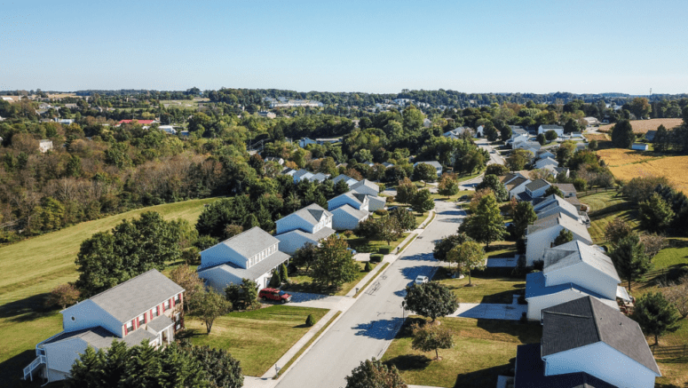 Aerial view of a neighborhood in Harrisburg where home owners may be interested in the services of a we buy houses company.