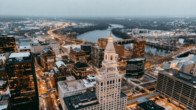 Aerial view of Hartford, Connecticut where sellers may be interested in the services of a we buy houses company