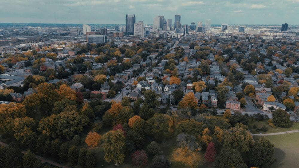 Aerial view of a neighborhood in Akron where you have the option to sell your home fast to a we buy houses company