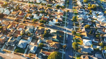 Aerial view of a neighborhood in California, where you can list and sell your home with a flat fee MLS company