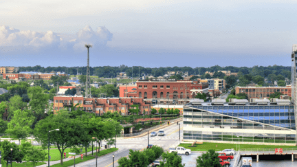 Aerial view of South Bend, where home sellers can work with a we buy houses company