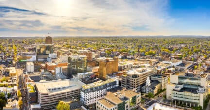 An aerial view in Allentown where houses are sold to We Buy Houses companies.