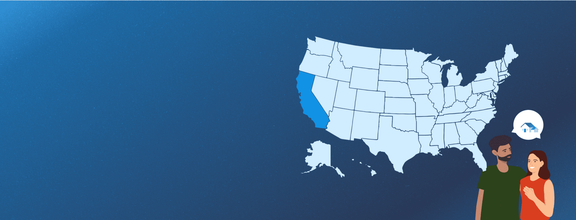 illustration of california on a map with two people thinking of selling or buying a home