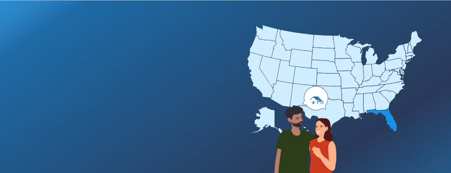 illustration of a map highlighting florida with two people thinking about selling or buying a home