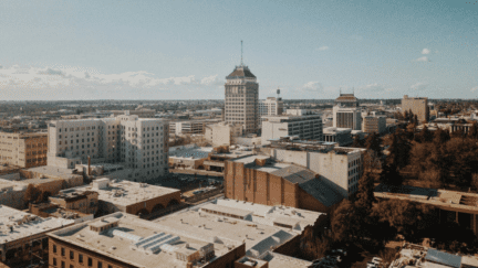 An aerial view of Downtown Fresno to represent home values in Fresno