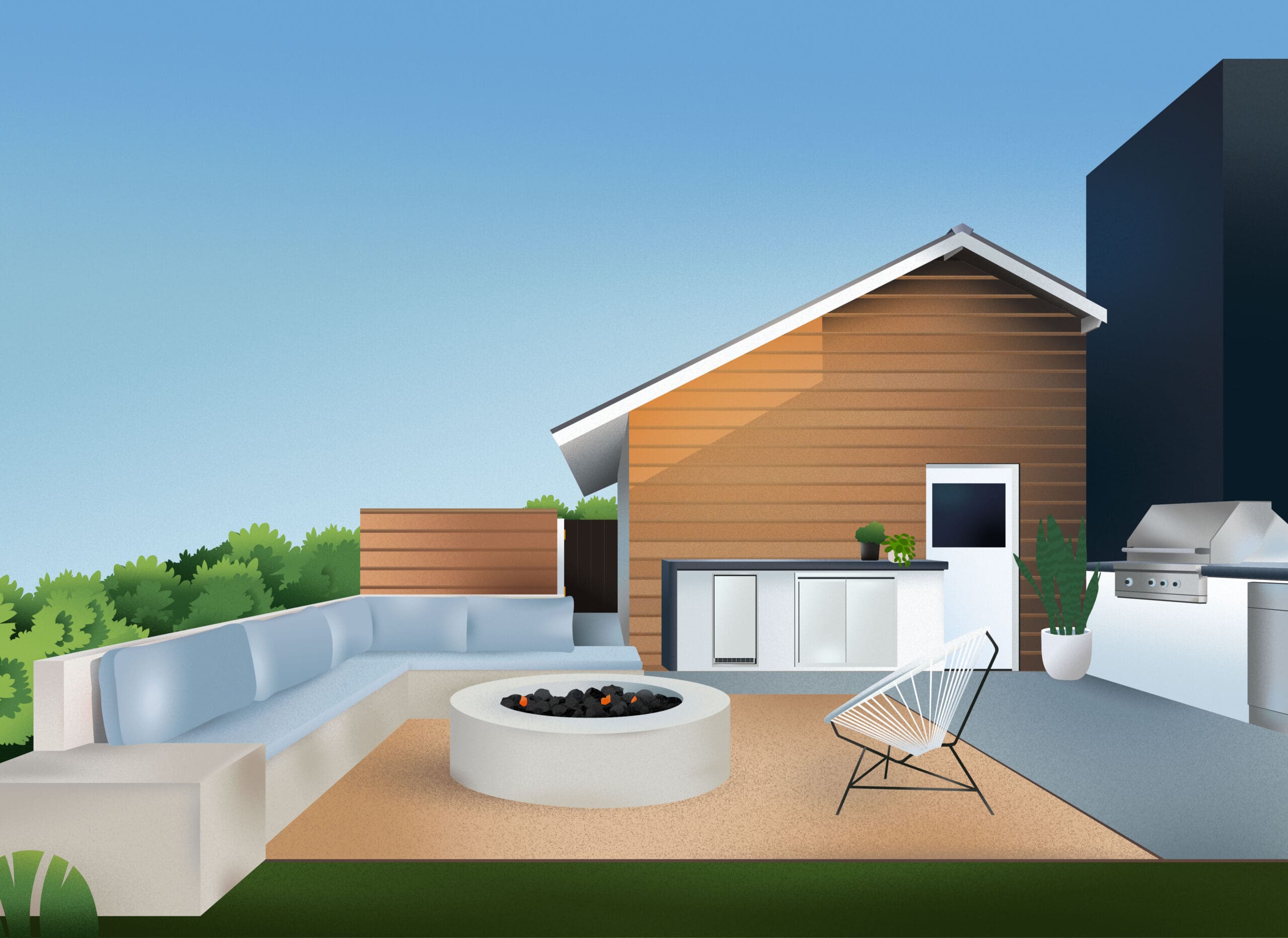 illustration of a home's backyard with seating, a firepit and grill