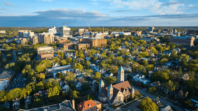 Aerial view of Sterling Heights, where home sellers have options to sell their house fast