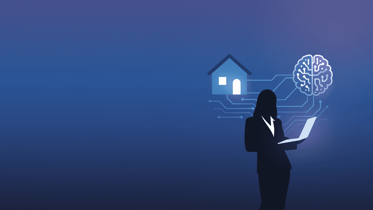 illustration of a real estate agent, a home and a brain all connected to symbolize AI