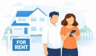 An illustration of a young couple and a home for rent to represent how to spot rental scams